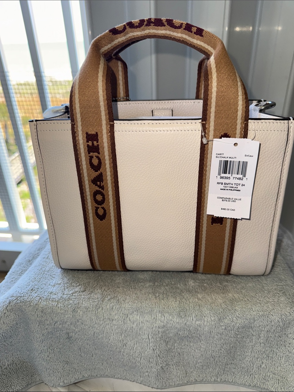 NWT - COACH Chalk/multi Leather Tote with Signature Brown Web Handles.